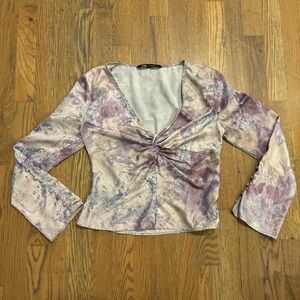 Zara Purple Marble Satin Effect Long Sleeve Printed Top